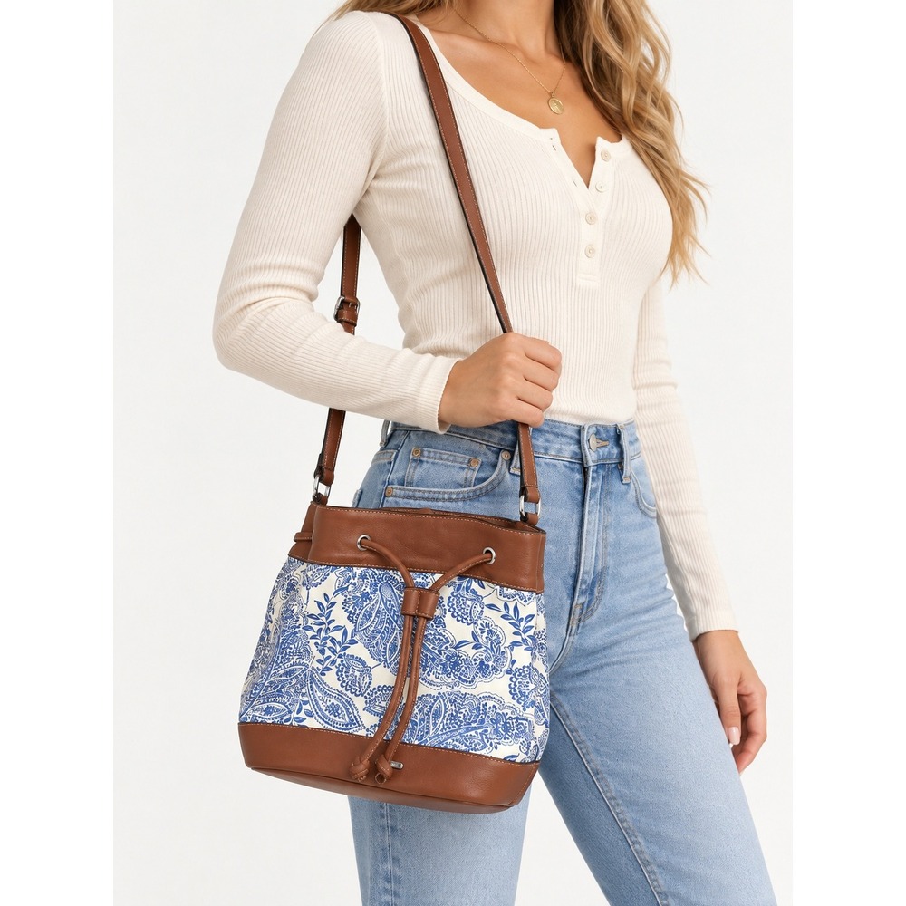 Chaps Dresden Paisley Crossbody Bucket Bag Blue White Brown Drawstring Purse
